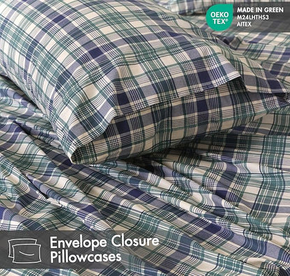 RUVANTI 100% Cotton Sheets – Split King Size Percale Bedding, Cooling & Breathable Floral Design, Durable with a Crisp, Soft & Comfortable Feel, 16" Deep Pocket, 5-Piece Set, Greenish Blue Plaid