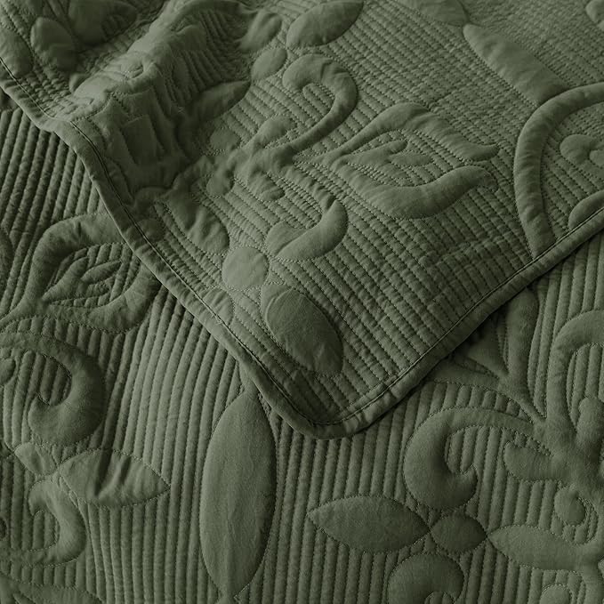 Damask Quilt Twin Size Bedding Sets with 1 Pillow Sham, Boho Bedspread Lightweight Soft Farmhouse Vintage Bohemian Coverlet Retro Jacquard Pattern Bed Cover for All Season, 2 Pieces, Moss Green
