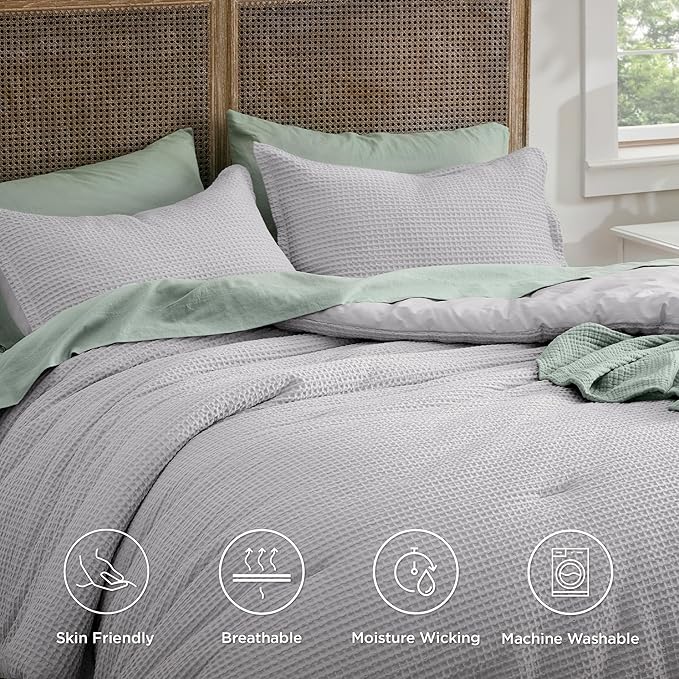 Bedsure Waffle Comforter Set King, Grey Soft Bedding, Waffle Weave Bed Set, 3 Pieces, 1 Comforter (104"x90") and 2 Pillow Shams, Cotton Shell and Polyester Lining for All Seasons