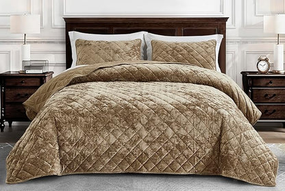 Chezmoi Collection Lux Tan Velvet Quilt Oversized King Set, 3-Piece Plush Distressed Velvet Bedding All Season Lightweight Comforter Brushed Microfiber Reverse with Diamond Stitch Quilting