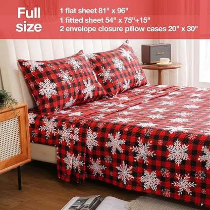JSD Red Buffalo Plaid Snowflakes Sheet Set Full Size, 4 Piece Christmas Winter Microfiber Bedding Sheets Extra Deep Pocket