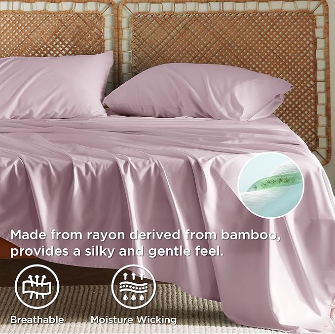 Bedsure Full Size Bed Sheets, Cooling Sheets, Rayon Derived from Bamboo, PureWoven, Breathable & Soft, Deep Pocket Up to 16 Inches, Hotel Luxury Silky Bedding for Hot Sleepers, Lavender
