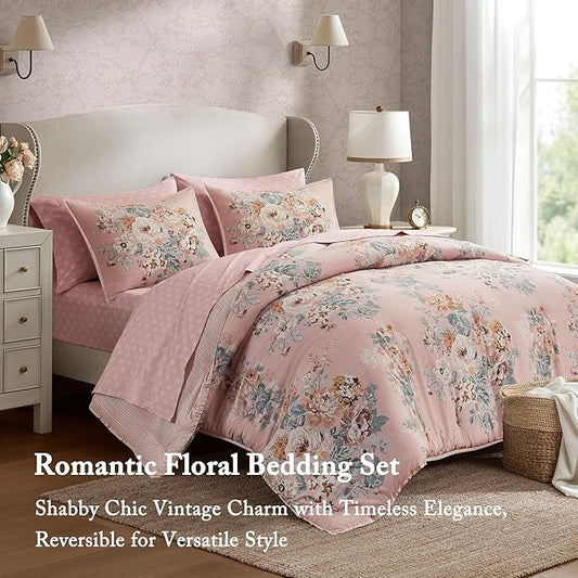 Madison Park Essentials Floral Comforter Set Twin XL Size, Vintage Flower Bedding Set with Sheet Set, 5 Pieces Bed in a Bag with Reversible Botanical Comforter and Pillowcases & Shams, Heather, Pink