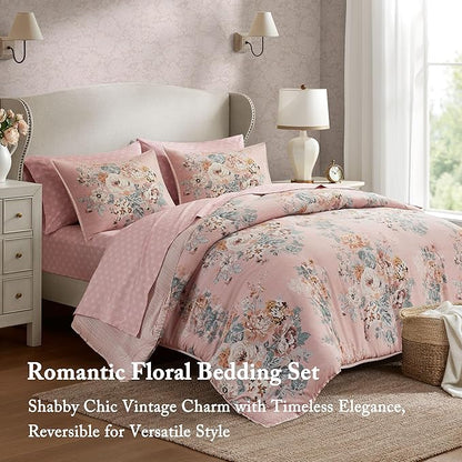 Madison Park Essentials Floral Comforter Set Queen Size, Vintage Flower Bedding Set with Sheet Set, 7 Pieces Bed in a Bag with Reversible Botanical Comforter and Pillowcases & Shams, Heather, Pink