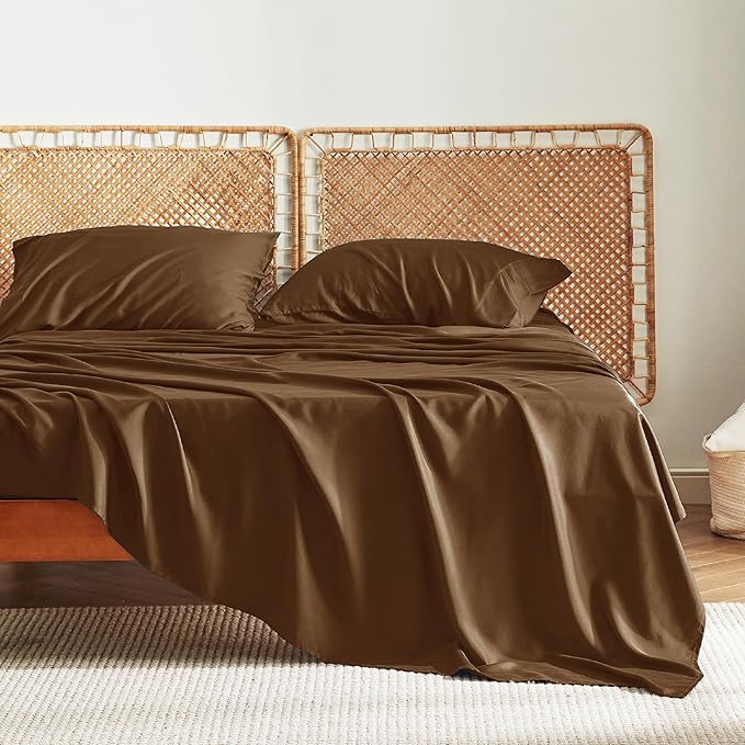 Bedsure King Size Sheets Set, Cooling Sheets for Hot Sleepers, Rayon Derived from Bamboo, PureWoven, Breathable & Soft, Deep Pocket Up to 16 Inches, Hotel Luxury Silky Bedding, Brown