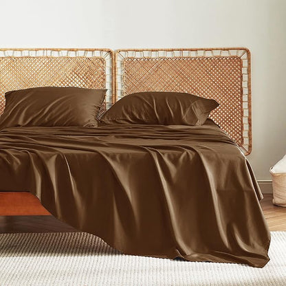 Bedsure King Size Sheets Set, Cooling Sheets for Hot Sleepers, Rayon Derived from Bamboo, PureWoven, Breathable & Soft, Deep Pocket Up to 16 Inches, Hotel Luxury Silky Bedding, Brown