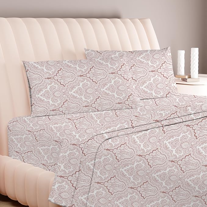 Carressa Linen 100% Egyptian Cotton King Size Sheet Set - Printed 600 Thread Count Egyptian Cotton Sheets King Size (Paisley Print), Soft, Cooling, Sateen Weave 16" Deep Pocket Luxury Hotel Sheets