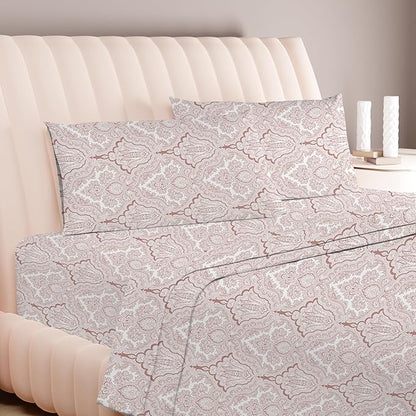 Carressa Linen 100% Egyptian Cotton King Size Sheet Set - Printed 600 Thread Count Egyptian Cotton Sheets King Size (Paisley Print), Soft, Cooling, Sateen Weave 16" Deep Pocket Luxury Hotel Sheets