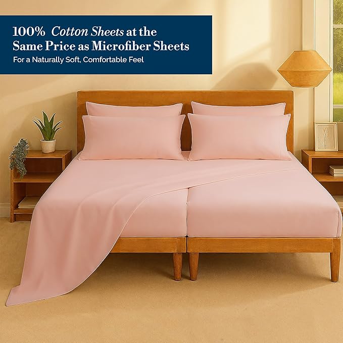 Casa Platino 100% Cotton Split King Size Sheets Set – 7 Piece Crisp Percale Split King Size Cooling Sheets, Lightweight for Summer, with 15" Deep Pocket Fitted Sheet, Comfortable Sleep – Veiled Rose