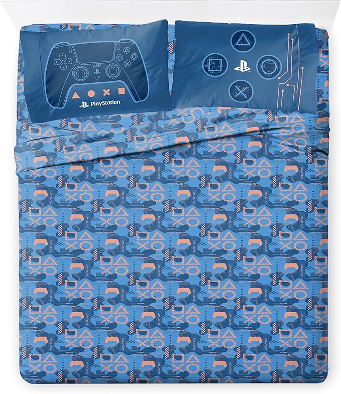 Jay Franco Kids Comforter Set Includes Sheets and Pillow Covers - Soft and Cozy Bed Set for Stylish Room Decor, Official Licensed Bedding, Blue - PlayStation, 7 Piece Full