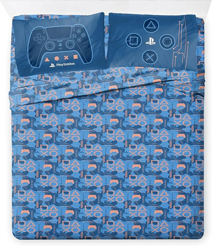 Jay Franco Kids Comforter Set Includes Sheets and Pillow Covers - Soft and Cozy Bed Set for Stylish Room Decor, Official Licensed Bedding, Blue - PlayStation, 7 Piece Full