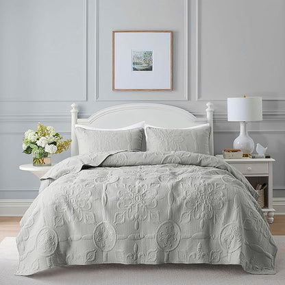 Light Grey Damask Quilt Queen Size Bedding Sets with 2 Pillow Shams, Boho Bedspread Lightweight Soft Farmhouse Vintage Bohemian Coverlet Retro Jacquard Pattern Bed Cover for All Season, 3 Pieces