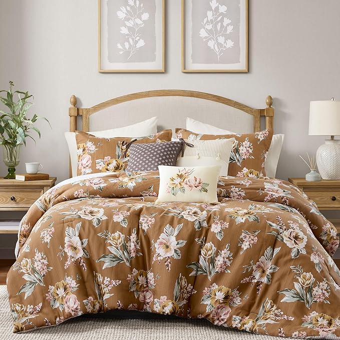 Madison Park Vintage Floral Reversible Comforters King Size Bed, All Season, Down Alternative Bedding Comforter, Bedskirt, Pillows, Shams, Salara, Cal King Terracotta 7 Piece | Reversible