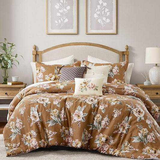 Madison Park Vintage Floral Reversible Comforters King Size Bed, All Season, Down Alternative Bedding Comforter, Bedskirt, Pillows, Shams, Salara, Cal King Terracotta 7 Piece | Reversible