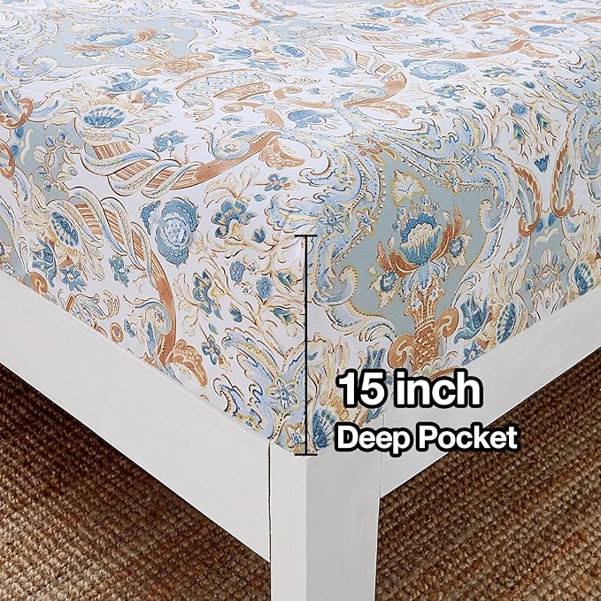 JSD Vintage Paisley Printed Sheet Set Queen Size, 4 Piece Soft Pattern Microfiber Sheets Extra Deep Pocket