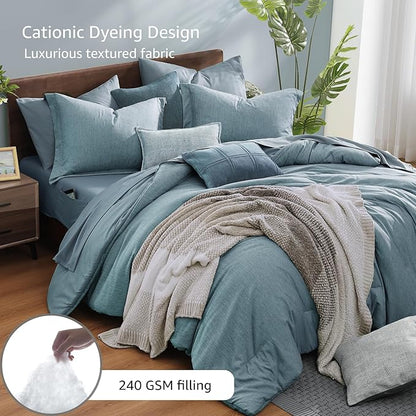 Monbix Queen Comforter Set - 7 Pieces Dusty Blue Cationic Dyeing Bed in a Bag Queen Bedding Sets with Sheets, Pillowcases & Shams, Reversible Bedding Comforters