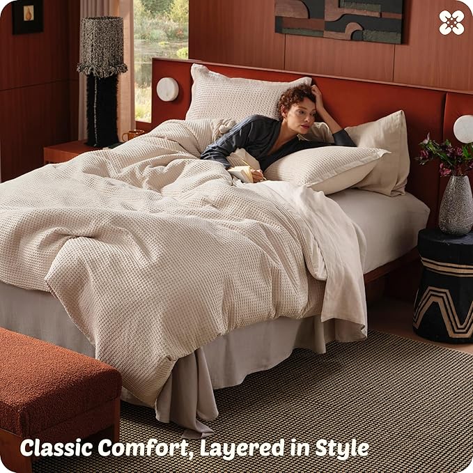 Bedsure Cotton Duvet Cover Queen Size - 100% Cotton Waffle Weave Beige Duvet Cover Queen Size, GentleSoft™ and Breathable Bedding Set for All Season, 3 Pieces, 90"x90"
