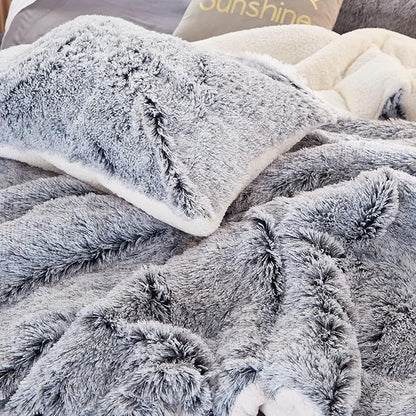 Luxury Faux Fur Shaggy Comforter Set Twin Size, Plush & Sherpa Reversible Comforter Grey with White, 3 Pieces Fluffy Fuzzy Bedding Set Ultra Soft and Warm for Winter (1 Comforter + 2 Pillowcases)