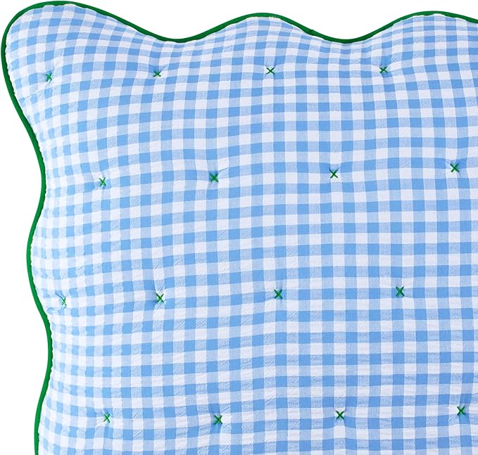 kate spade new york Joyful Gingham Euro Sham, 26" x 26" Spring Pillow Cover, Single Seersucker Cover, Machine Washable, Windy Blue