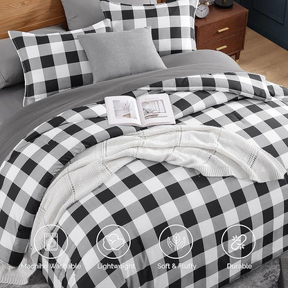 Andency Black Grey White Plaid Comforter Set Full Size (79x90 Inch), 3 Pieces (1 Gingham Comforter and 2 Pillowcases), Summer Lightweight Microfiber Buffalo Check Down Alternative Comforter Set