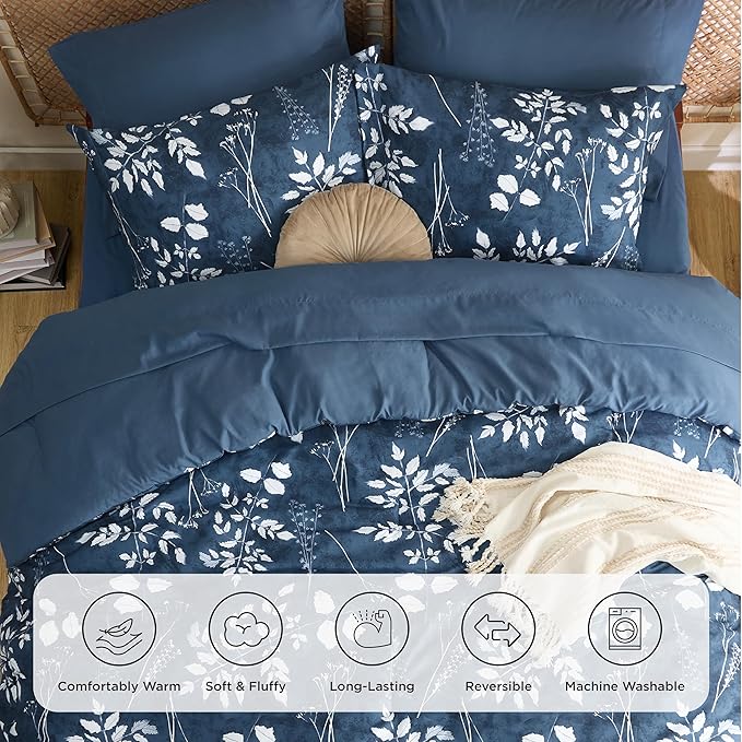 Bedsure Full Size Comforter Set - 7 Pieces Floral Navy Soft Bedding Sets, Full Bed in a Bag with Botanical Flowers Comforter, Sheets, Pillowcases & Shams