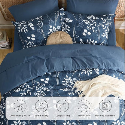 Bedsure Full Size Comforter Set - 7 Pieces Floral Navy Soft Bedding Sets, Full Bed in a Bag with Botanical Flowers Comforter, Sheets, Pillowcases & Shams