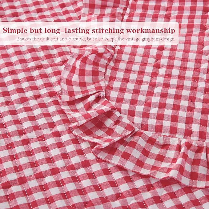 Red White Ruffle Gingham Quilt Set Queen Size with 2 Pillow Shams, 100% Washed Cotton Yarn-Dyed Quited Bedspread Farmhouse Bedding Set (Red, Queen)