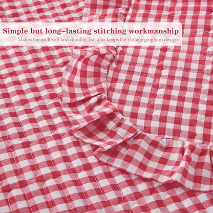 Red White Ruffle Gingham Quilt Set Queen Size with 2 Pillow Shams, 100% Washed Cotton Yarn-Dyed Quited Bedspread Farmhouse Bedding Set (Red, Queen)
