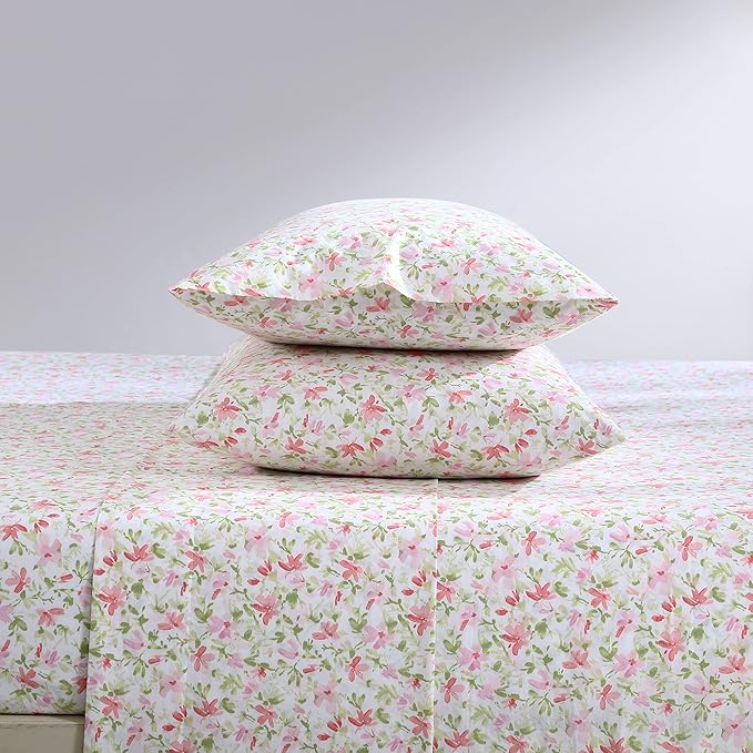 Laura Ashley - Queen Sheets, Cotton Percale Bedding Set, Lightweight & Breathable Home Decor (Norella Pink, Queen)