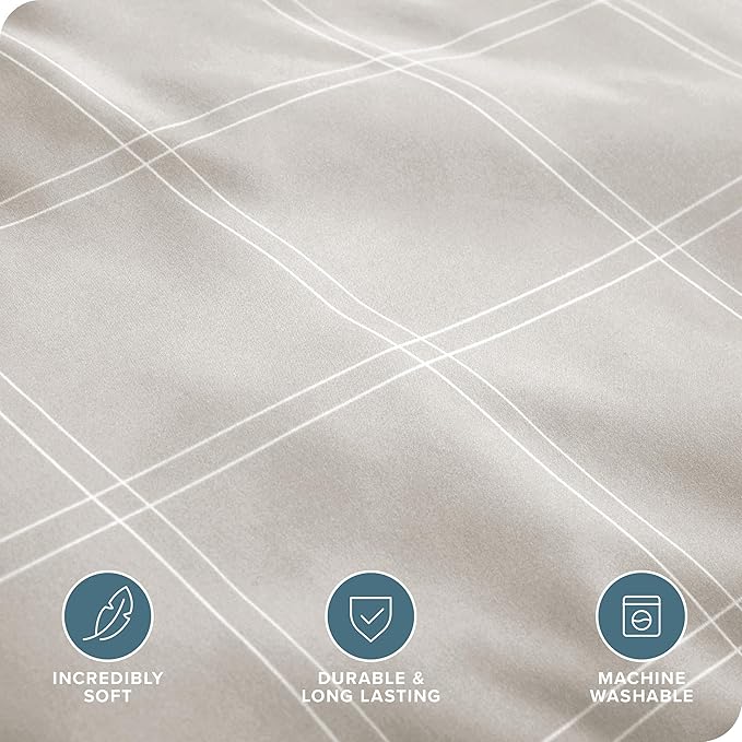 Bare Home Bedding Duvet Cover Queen Size - Premium 1800 Super Soft Collection - Lightweight, Duvet Cover - Soft Textured Bedding (Queen, Modern Plaid - Stone/White)