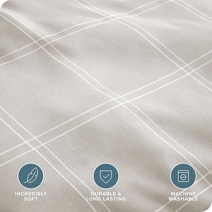 Bare Home Bedding Duvet Cover Queen Size - Premium 1800 Super Soft Collection - Lightweight, Duvet Cover - Soft Textured Bedding (Queen, Modern Plaid - Stone/White)