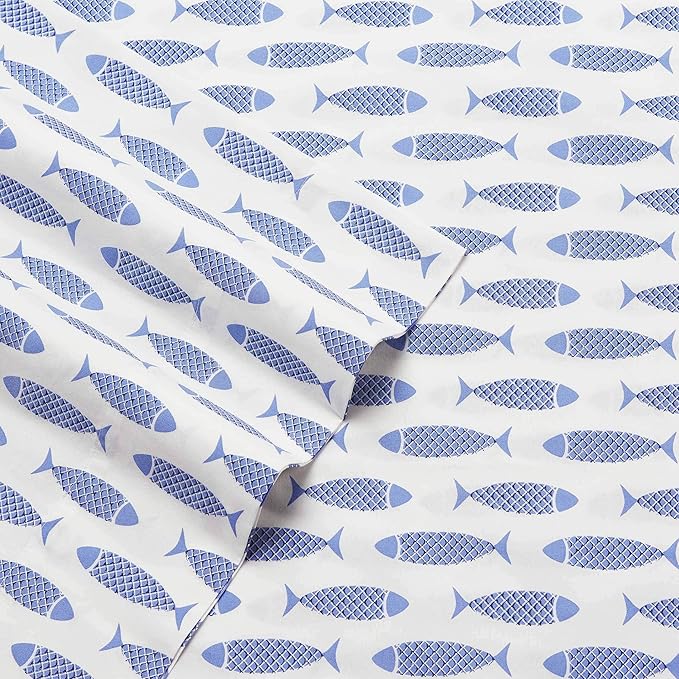 Nautica - Twin Sheets, Cotton Percale Bedding Set, Fully Elasticized, Ideal Dorm Essentials (Woodblock Fish Blue, Twin)