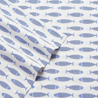 Nautica - Full Size Sheet Set, Crisp & Cool Cotton Percale Bedding with a Lightweight & Breathable Feel, Bed Sheets with Fitted Sheet & Matching Pillowcases (Woodblock Fish Blue)