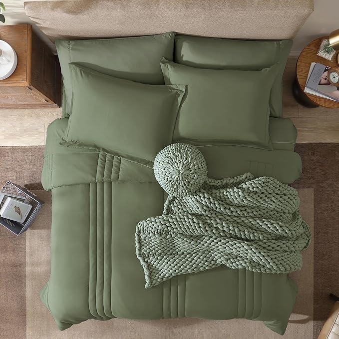 Monbix King Size Comforter Set - 7 Pieces Bed in a Bag King, Light Sage Green Bedding Sets with Comforter, All Seasons Comforter Bed Set with Sheets, Pillowcases & Shams
