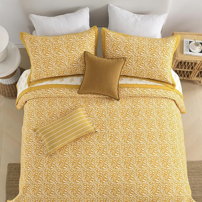 SahSahCasa Quilt Set Queen Size, 100% Cotton Quilt Bedding Set Bedspread, Botanical Pattern Solid Color Chic Lightweight Quilted Comforter for Queen Bed, Mustard Yellow, All Season, 3 Pieces