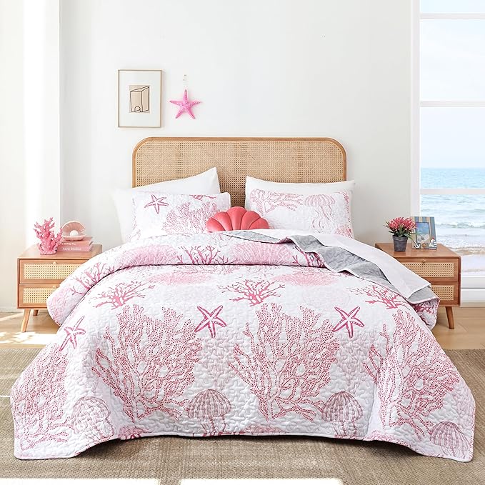 weigelia Coastal Quilts Bedding Set King Size - Pink Summer Nautical Bedding Quilt with Pillow Cases, Beach Reversible Quilt Set Ocean Coral Bedspreads Coverlet Soft Lightweight Comforter