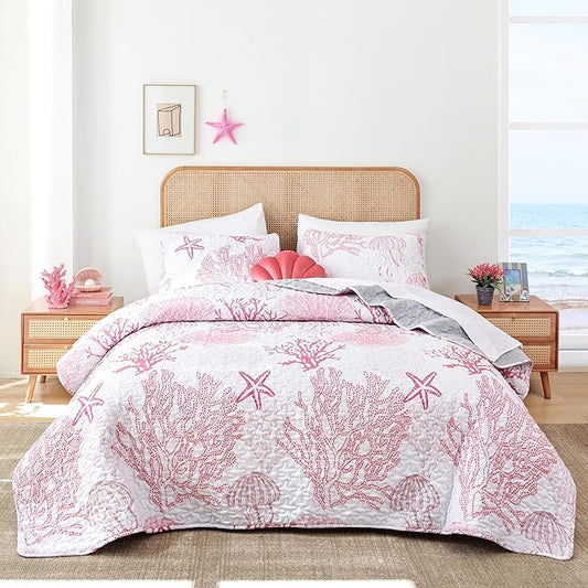 weigelia Coastal Quilts Bedding Set King Size - Pink Summer Nautical Bedding Quilt with Pillow Cases, Beach Reversible Quilt Set Ocean Coral Bedspreads Coverlet Soft Lightweight Comforter