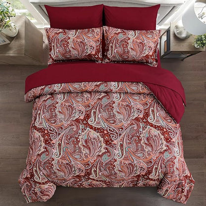 DJY Red Paisley Comforter Set Queen Size, 7 Piece Bed in a Bag Boho Paisley Pattern Comforter Set, Soft Lightweight Microfiber Reversible Bedding Set for All Season (90''x90'')