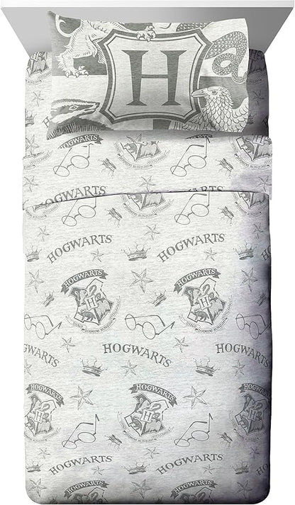 Jay Franco Kids Sheet Set with Fitted, Flat Sheets & Pillow Cover - Ultra-Soft Bedding with Pillowcase for Room Decor, Gray - Harry Potter, 3 Piece Twin