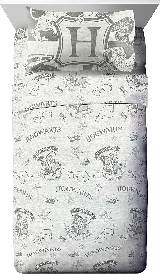 Jay Franco Kids Sheet Set with Fitted, Flat Sheets & Pillow Cover - Ultra-Soft Bedding with Pillowcase for Room Decor, Gray - Harry Potter, 3 Piece Twin