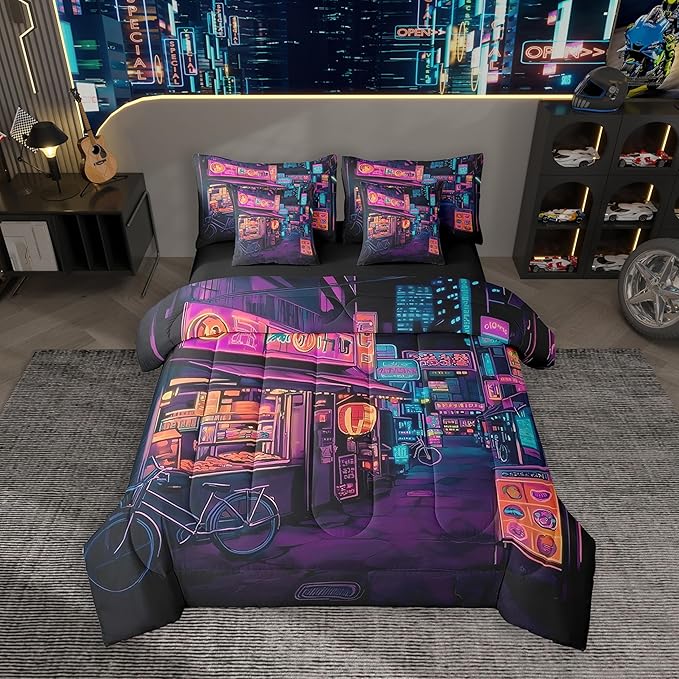 Feelyou Japan Art Comforter Set 7 Pieces Queen Size Tokyo Anime Bedding Set for Boys Girls Japanese Night City Bed in a Bag with Comforter, Sheets, Pillowcases & Cushion Covers