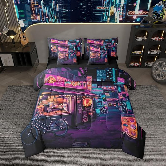 Feelyou Japan Art Comforter Set 7 Pieces Queen Size Tokyo Anime Bedding Set for Boys Girls Japanese Night City Bed in a Bag with Comforter, Sheets, Pillowcases & Cushion Covers
