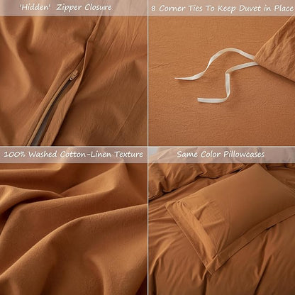 Linen Feel Duvet Cover King Size 104inch x 90inch,100% Washed Cotton Duvet Cover with Zipper Closure and 2 Pillowcases, Color of Burnt Orange