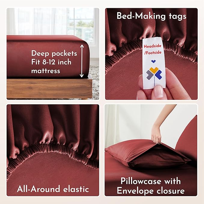 California Design Den Natural 100% Cotton Bed Sheets Twin XL Size Set - Soft Sateen Twin XL Sheet Set with 12" Pockets, Breathable and Durable Bedding for Dorm Rooms, College (Brick Red)