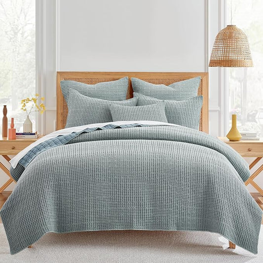 Levtex Home Mills Waffle King/Cal King Quilt Set (106x92in) with 2 Pillow Shams (36x20in) - Chambray - Cotton Waffle King Size Quilt Bedding Set - Lightweight, Soft, Pre-Washed