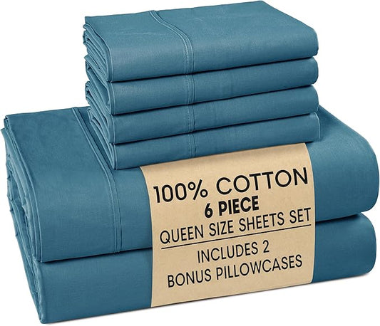 Casa Platino Sheet Set Queen Size – 100% Cotton Bed Sheets Queen with 4 Pillowcases, Soft & Cozy, Lightweight & Breathable, with 15" Deep Pocket Fitted Sheet, Perfect Everyday Sheets – Blue Heaven