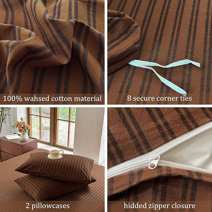 Striped Duvet Cover Set 100% Washed Cotton Linen Like Soft Feelling Breathable Bedding(Burnt Orange/Black Strip,Twin)