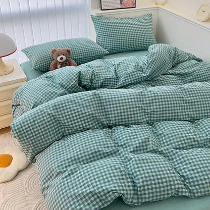 mixinni Dark Green Gingham Comforter Set King, Plaid Comforter Set 3 Pieces 1 Teal Grid Comfoter with 2 Pillow Cases for All Seasons, Soft Fluffy Modern Grid Pattern Printed Bedding-King Size