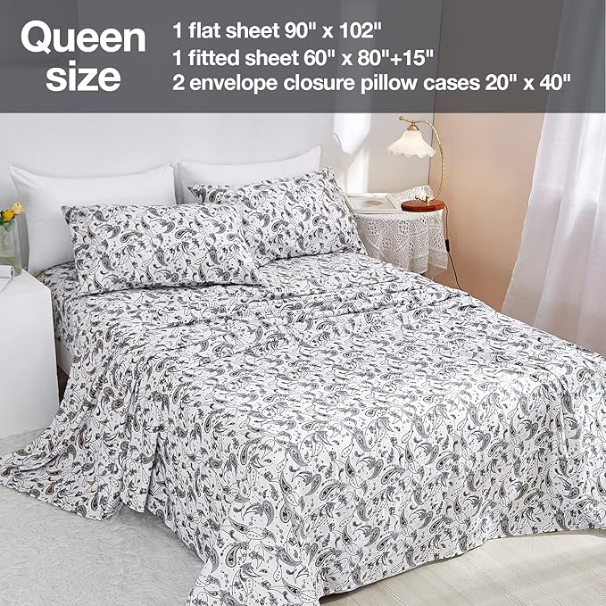 JSD Grey Paisley Printed Sheet Set Queen Size, 4 Piece Soft Retro Pattern Microfiber Sheets Extra Deep Pocket