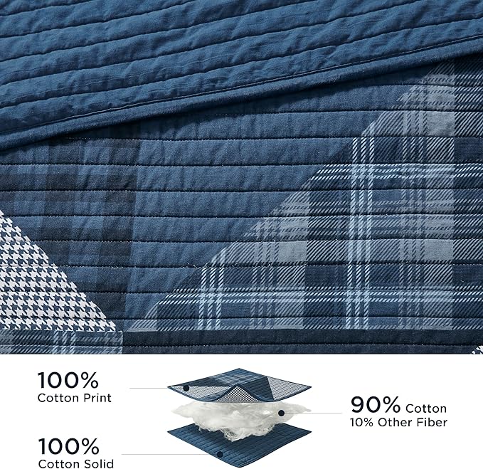Woolrich Reversible Quilt Set - Cottage Styling Reversed to Solid Color, All Season Lightweight Coverlet, Cozy Bedding Layer, Matching Shams, Oversized King/Cal King, Olsen Geometric Blue
